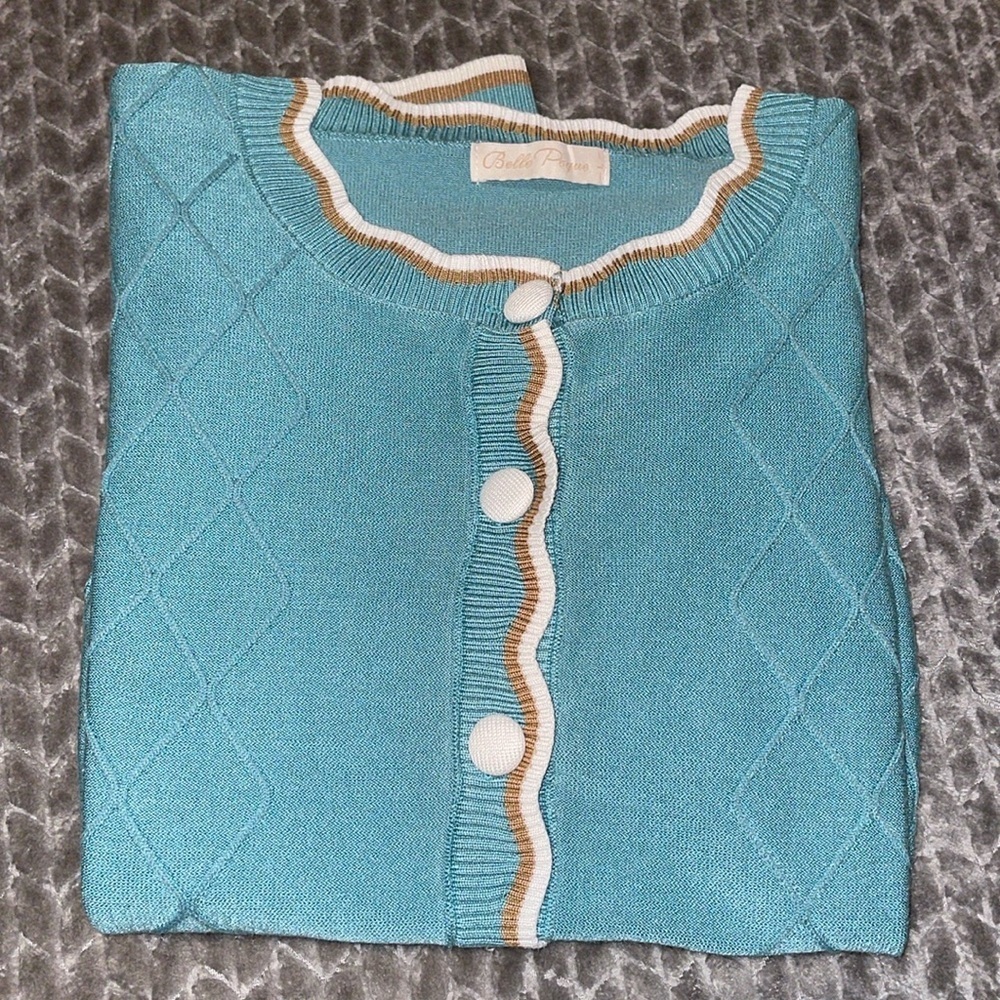 Belle Poque Teal Retro Scalloped Button Cardigan Sweater Pinup Rockabilly Large